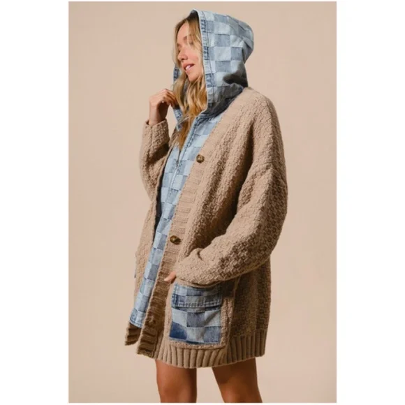 Cozy Checkered Plaid Denim Mixed Fabric Knit Cardigan Jacket Shacket - Picture 6 of 8